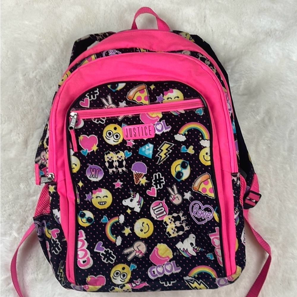 Emoji backpack from Justice Pink Yellow Multicolor School Unicorn Smiley Pizza